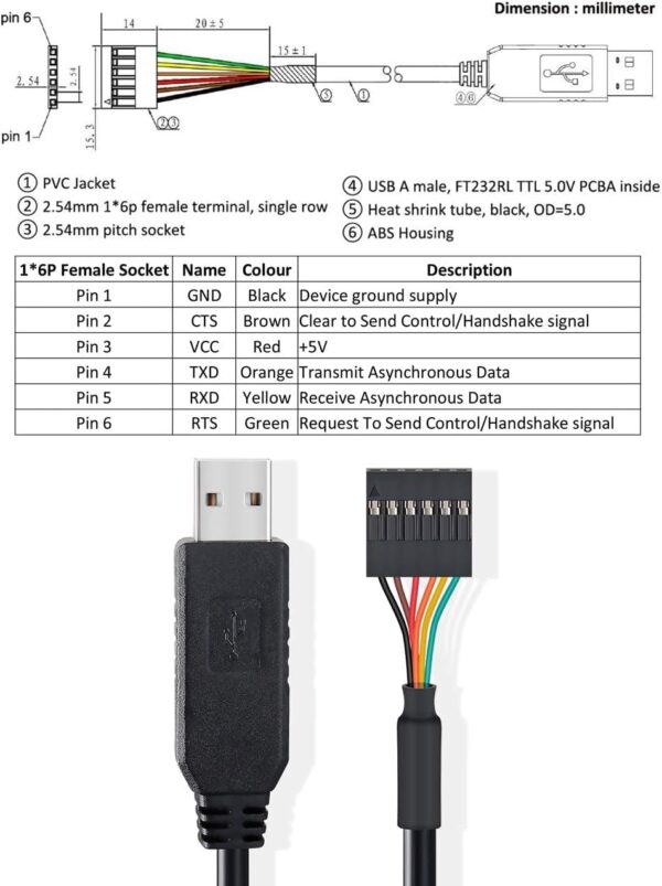 DTECH USB to TTL Serial 5V Adapter Cable with FTDI FT232RL C...