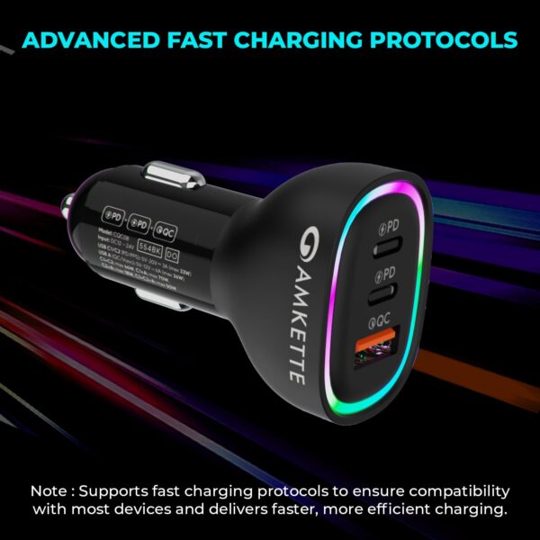 Amkette PowerPro 3Port 60W Car Charger Type C + USB-A | Supp...