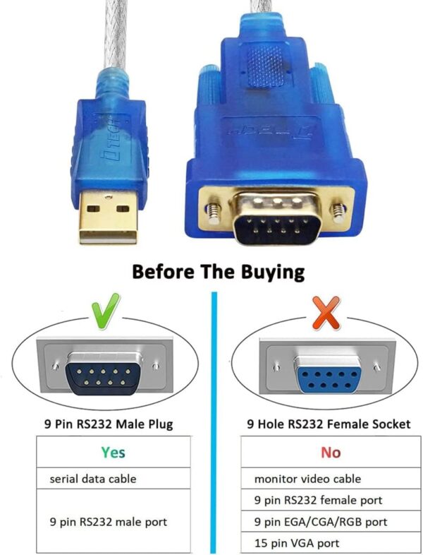 DTECH USB to Serial Adapter Cable DB9 Male RS232 to USB Cord...