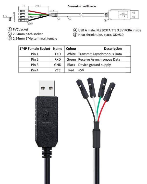 DTECH USB to TTL Serial 3.3V Adapter Cable TX RX Signal 4 Pi...