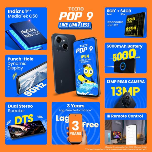 Tecno POP 9 (Startrail Black, 3GB+64GB) |India's 1st Mediate...