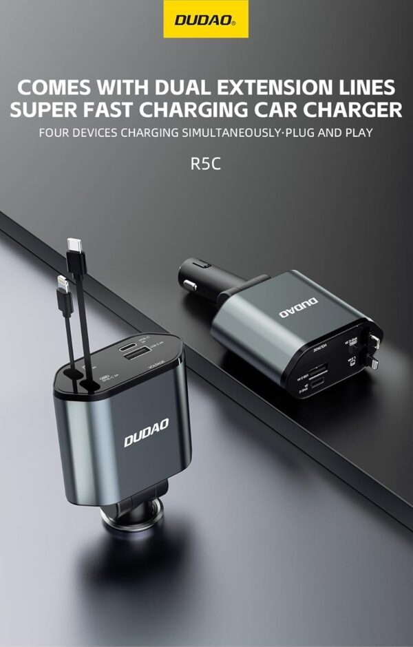 DUDAO R5C Retractable Car Charger, 4 in 1 Fast Car Phone Cha...