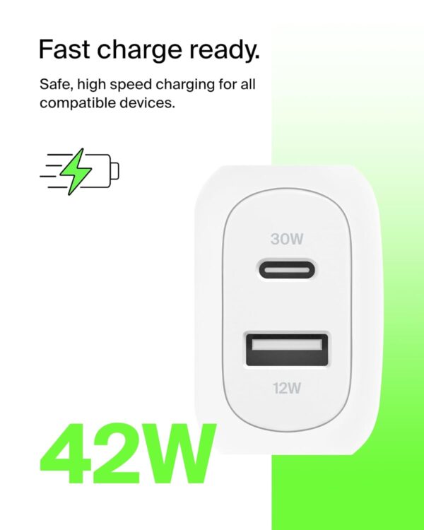 Belkin 42W (30W + 12W) Two Ports Wall Charger | USB - C + A ...