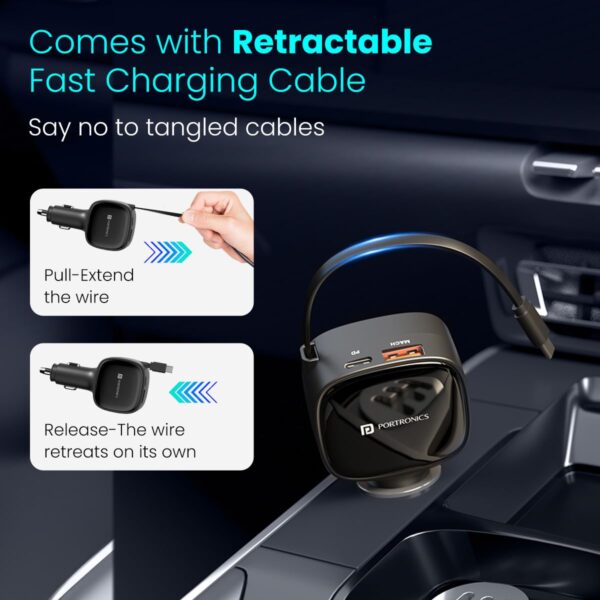 Portronics Car Power Retracto 84W 3 in 1 Car Charger, 80 cm ...