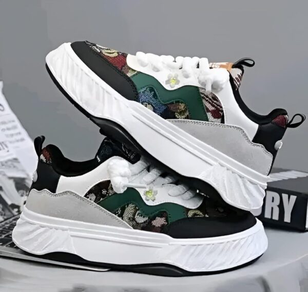 Chunky Sneakers, White, Green, Black, Patterned Panels, 26.5...