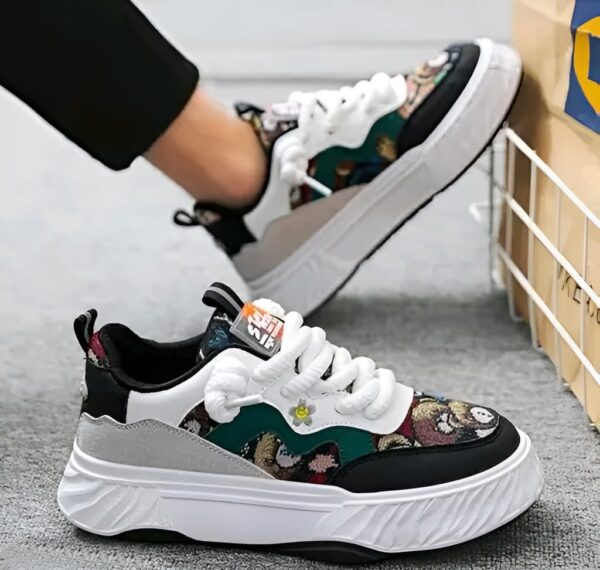 Chunky Sneakers, White, Green, Black, Patterned Panels, 26.5...
