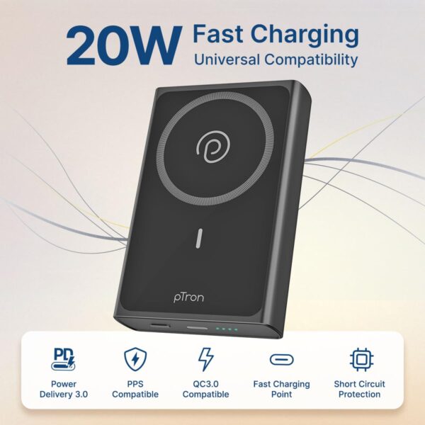 pTron Dynamo Fuel 20000mAh 15W MagSafe Wireless Power Bank w...