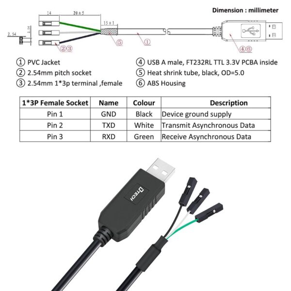 DTECH USB to TTL Serial Cable 3.3V 3 Pin TX RX Signal UART A...
