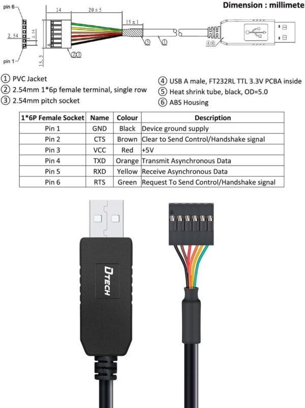 DTECH USB to TTL Serial Cable 3.3V 6 Pin UART Adapter Debug ...