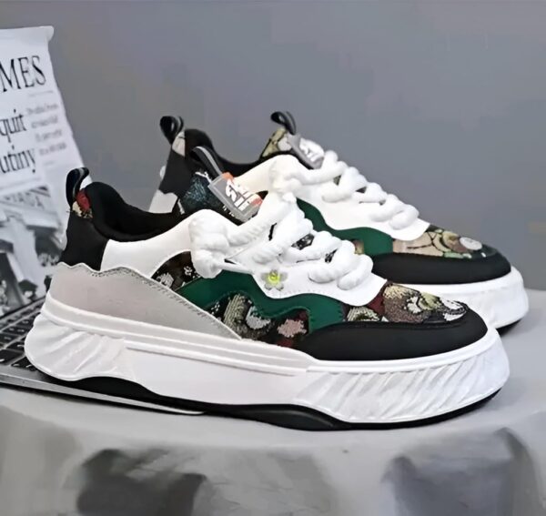 Chunky Sneakers, White, Green, Black, Patterned Panels, 26.5...
