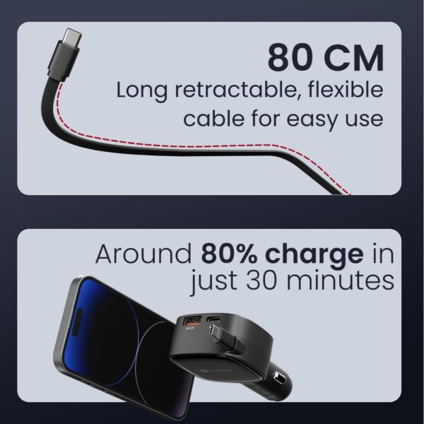 Portronics Car Power Retracto 84W 3 in 1 Car Charger, 80 cm ...