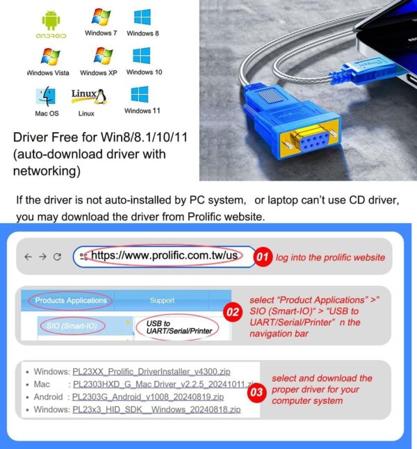 DTECH USB to RS232 DB9 Female Serial Adapter Cable Windows 1...