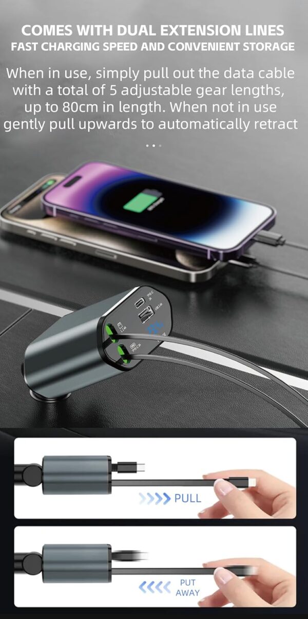 DUDAO R5C Retractable Car Charger, 4 in 1 Fast Car Phone Cha...