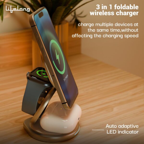 Lifelong Zerocord Wireless Charger 23 W 3 in 1 Foldable Mags...