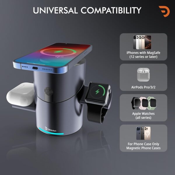 DRAVINA Qi2 Magnetic Wireless 3-in-1Charging Station Mag-Saf...