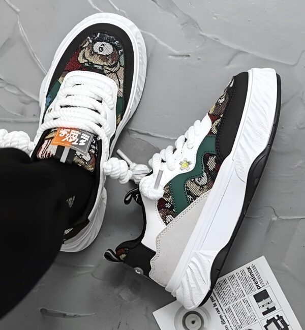 Chunky Sneakers, White, Green, Black, Patterned Panels, 26.5...