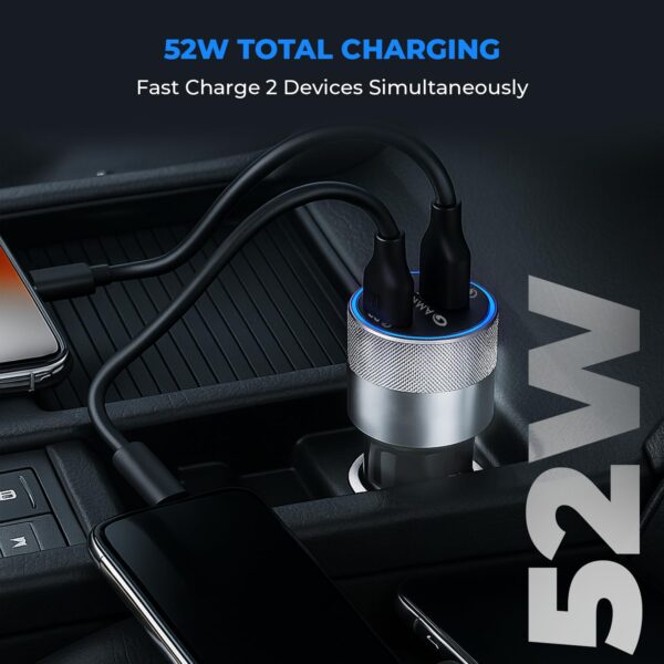 Amkette PowerPro 52W Car Charger Type C + USB A Dual Port | ...