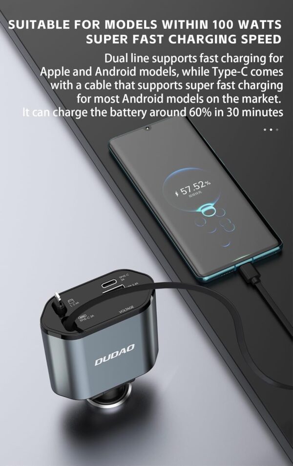 DUDAO R5C Retractable Car Charger, 4 in 1 Fast Car Phone Cha...