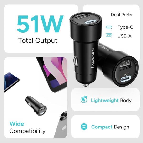 Ambrane 51W Fast Charging Car Charger, Dual Output 33W Type ...