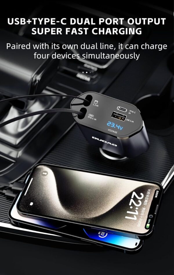 DUDAO R5C Retractable Car Charger, 4 in 1 Fast Car Phone Cha...