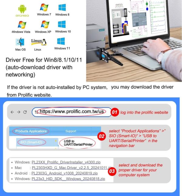 DTECH USB to Serial Adapter DB9 RS232 Cable Prolific Chip PL...