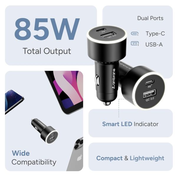 Ambrane 85W Car Charger, Mobile & Laptop Charging (MacBook &...