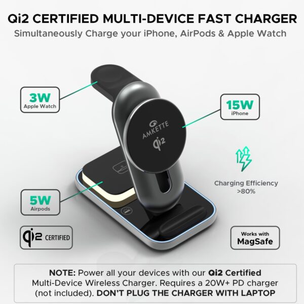 Amkette PowerPro Air 920, 3-in-1 Qi2 Certified 23W Magsafe W...