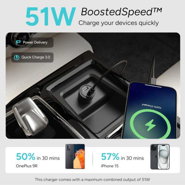 Ambrane 51W Fast Charging Car Charger, Dual Output 33W Type ...